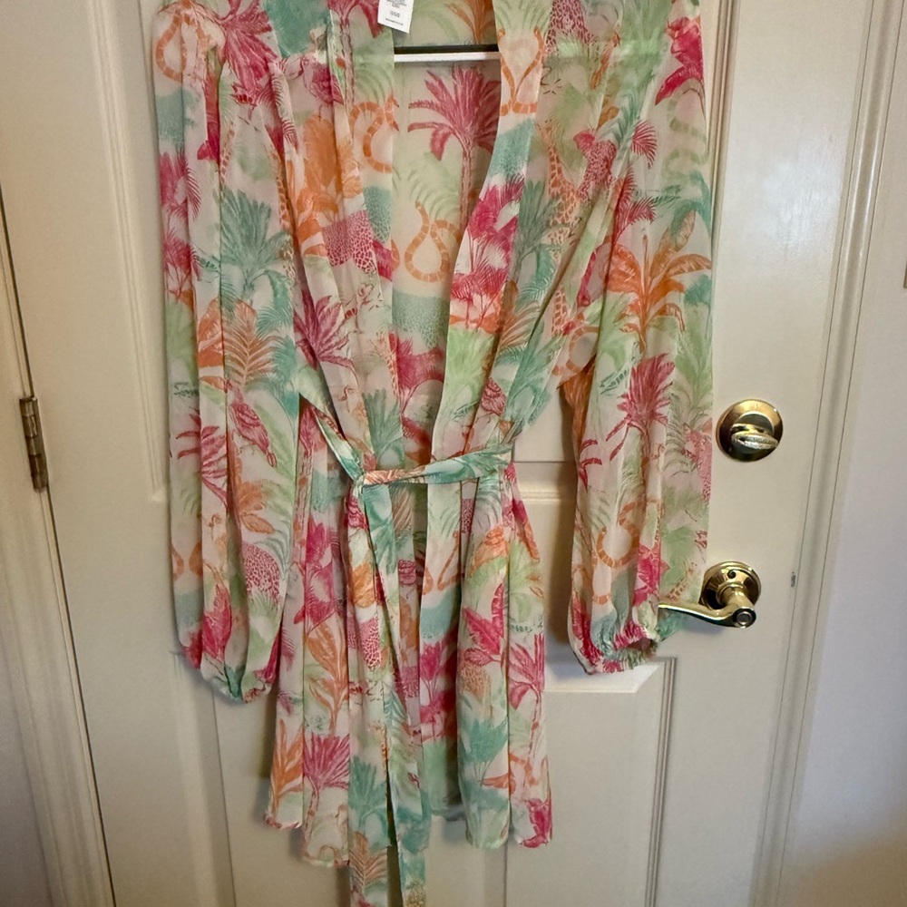 CAbi Green and Orange Leaf Print Dress Coverup (or robe)